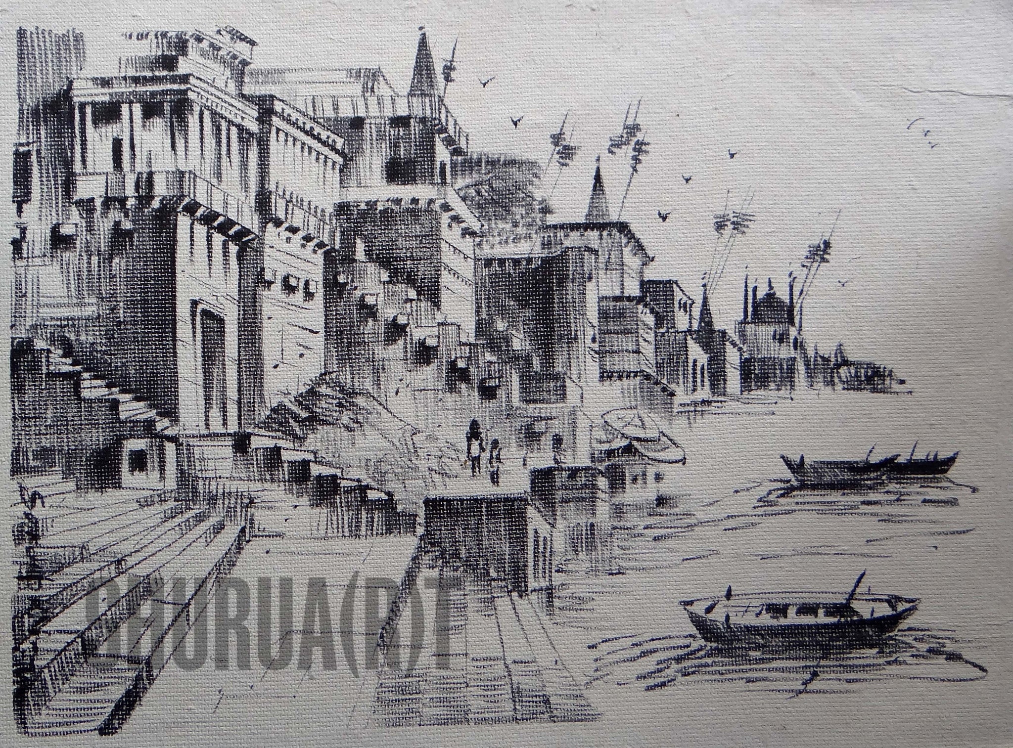 Banaras Ghat by artist Yuvraj Patil  charcoal Drawings on Canvas